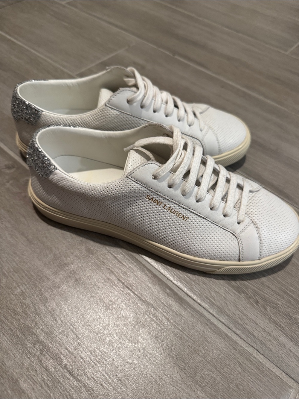 Saint Laurent (YSL) White Leather Low-Top Sneakers with Silver Glitter Heel